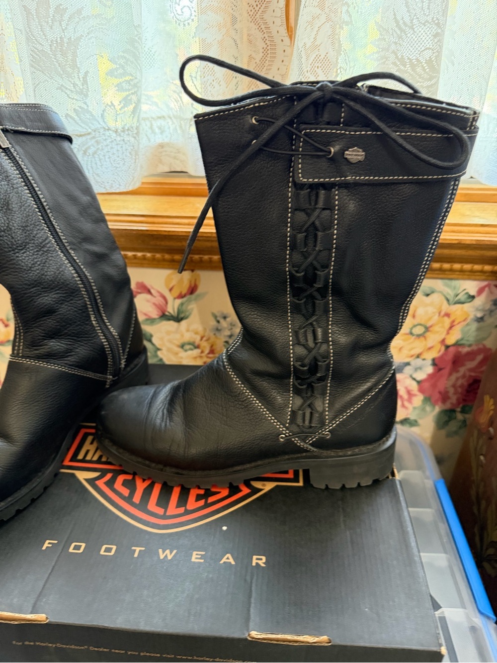Harley-Davidson Black Leather Lace-Up Mid-Calf Motorcycle Boots